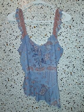 La Peche Ruffled Cami Size Medium Blue Brown Bohemian